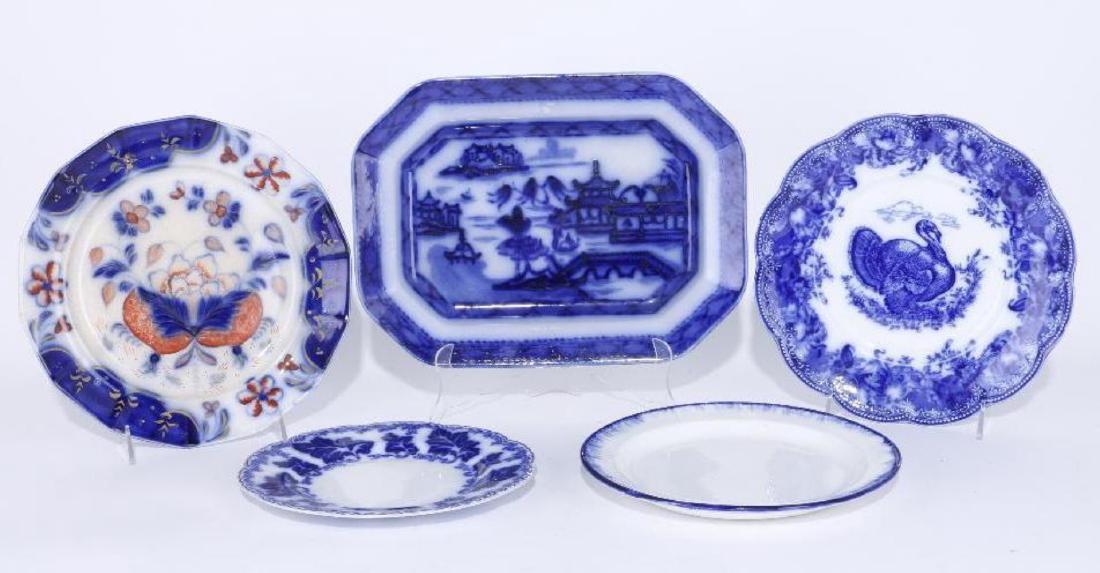 4 BLUE TRANSFER DECORATED PLATES & PLATTER 19TH/20THC. (1 of 2)