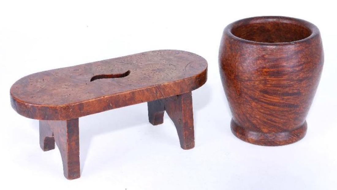 A BURLWOOD MORTAR, AND MINIATURE STOOL, 19TH CENTURY (1 of 3)