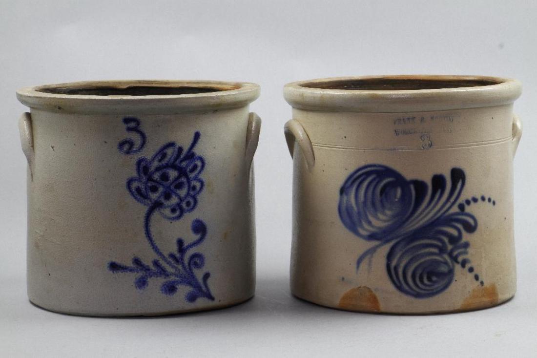 TWO BLUE DECORATED SALT GLAZED STONEWARE CROCKS 19THC. (1 of 5)