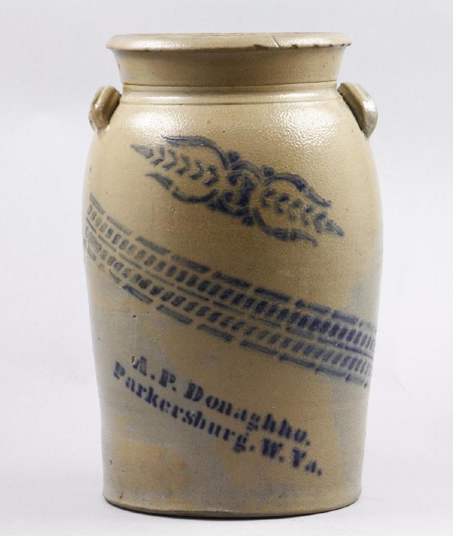 A BLUE DECORATED SALT GLAZED STONEWARE CROCK, 19THC. (1 of 4)