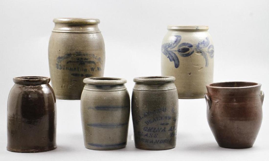 SIX SALT GLAZED STONEWARE AND REDWARE CROCKS, AND JARS (1 of 4)