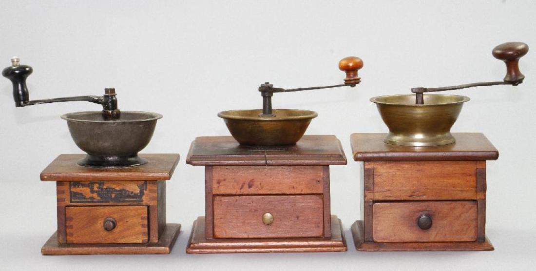 3 CAST IRON , BRASS, AND WOOD, COFFEE GRINDERS, 19THC. (1 of 2)