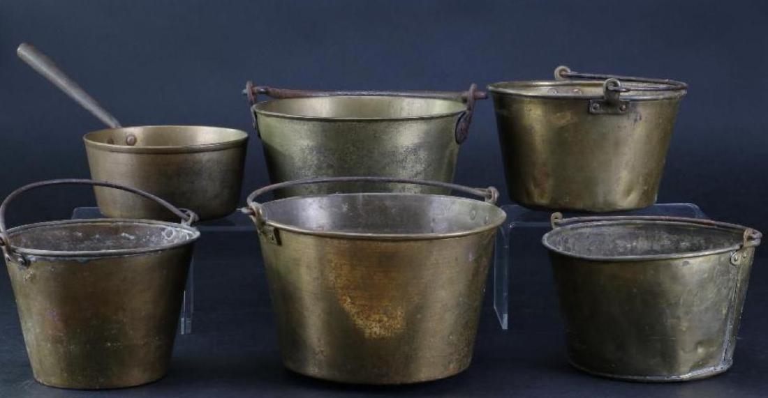 FIVE BRASS PAILS, TOGETHER WITH A HANDLED PAN (1 of 5)