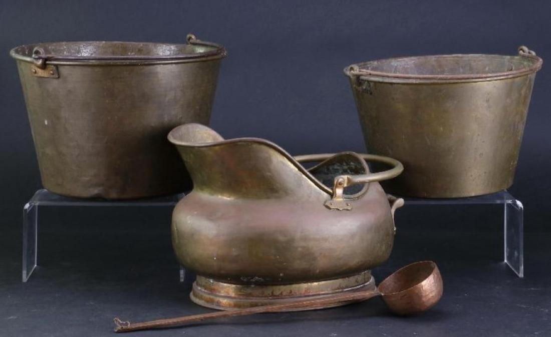 TWO BRASS PAILS, COPPER AND BRASS COAL PAIL 19TH/20THC. (1 of 4)