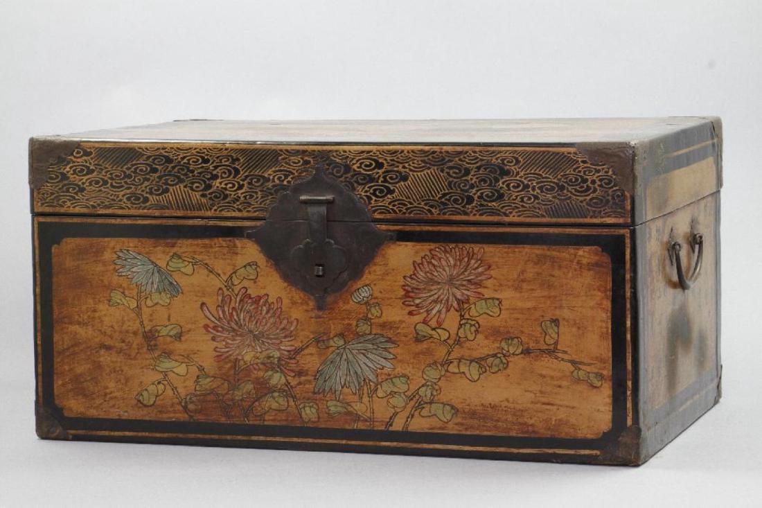 CHINESE PAINTED & LACQUER DECORATED CASKET: 20TH CENTURY HEIGHT 11 INCHES, WIDTH 21 3/4 INCHES, DEPTH 14 1/2 INCHES.