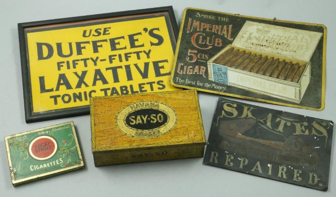 3 TIN AD SIGNS, TIN SAY-SO CIGAR & LUCKY STRIKE BOXES (1 of 5)