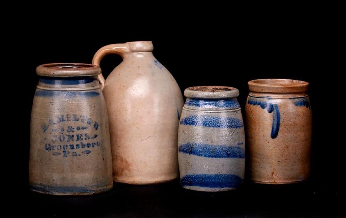 AMERICAN SALT GLAZED JUG & 3 CROCKS (1 of 2)