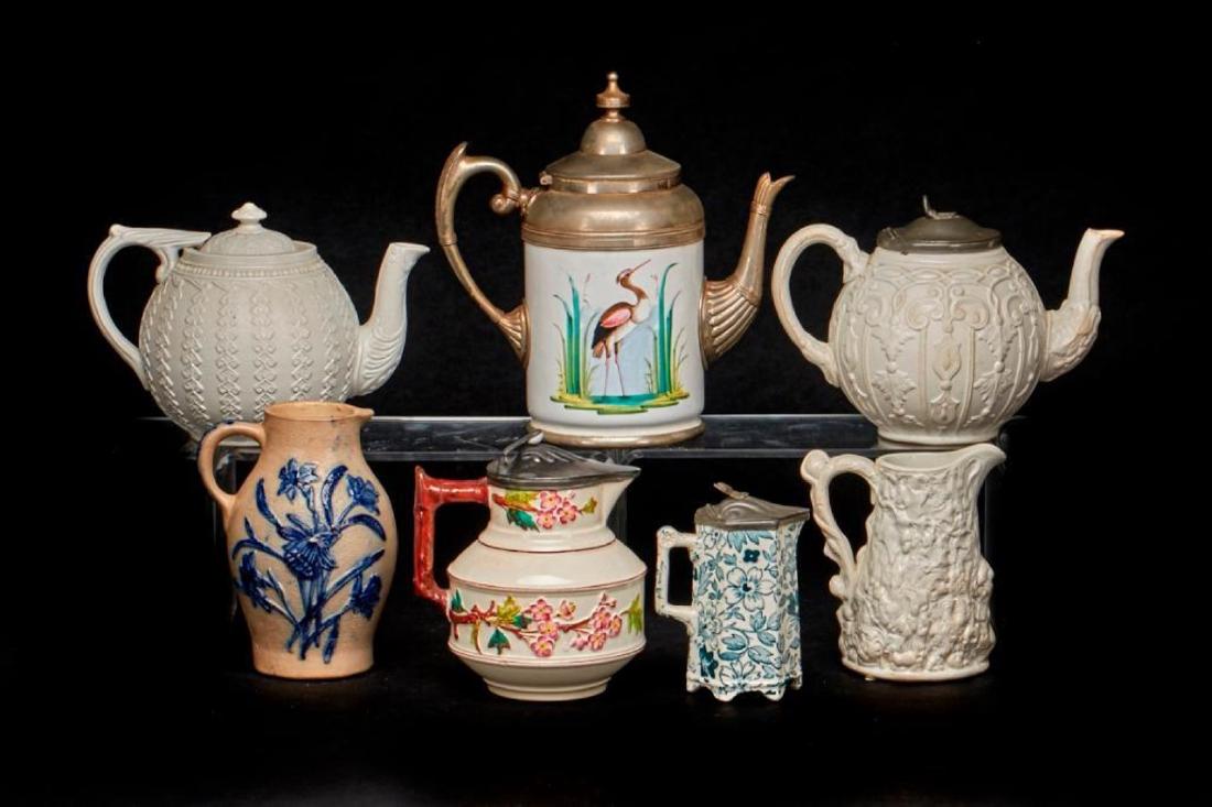 7 VICTORIAN STONEWARE OR POTTERY TEAPOTS & PITCHERS (1 of 3)