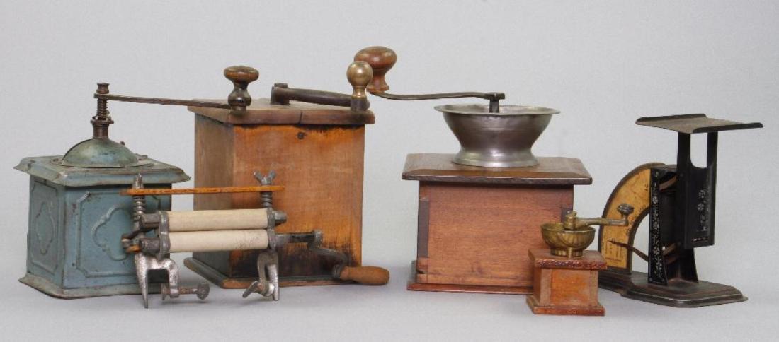 4 COFFEE OR SPICE GRINDERS, GEM WRINGER & POSTAL SCALES (1 of 4)