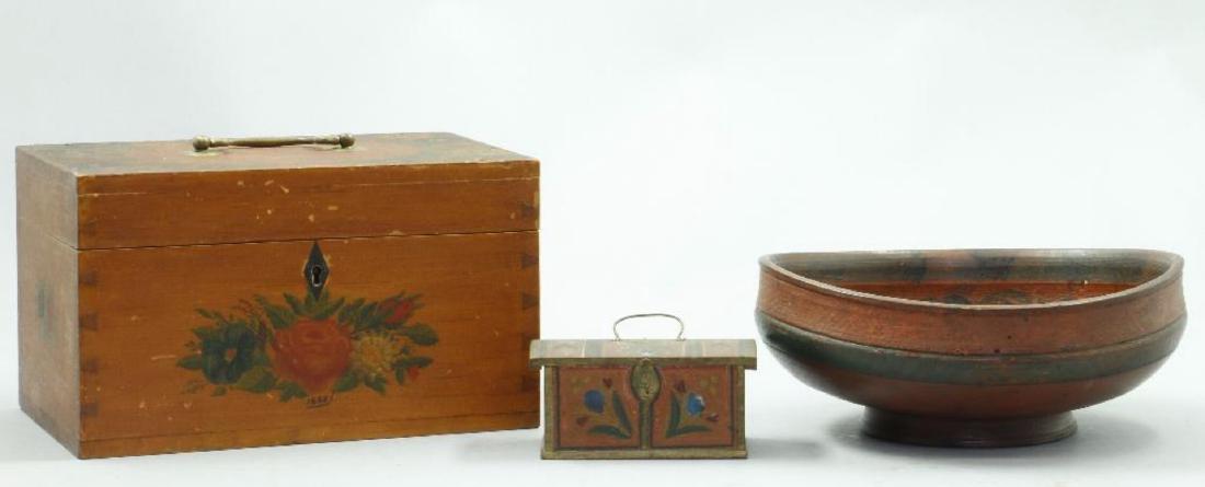3 PAINT DECORATED WOOD BOXES & A TURNED WOOD BOWL (1 of 4)