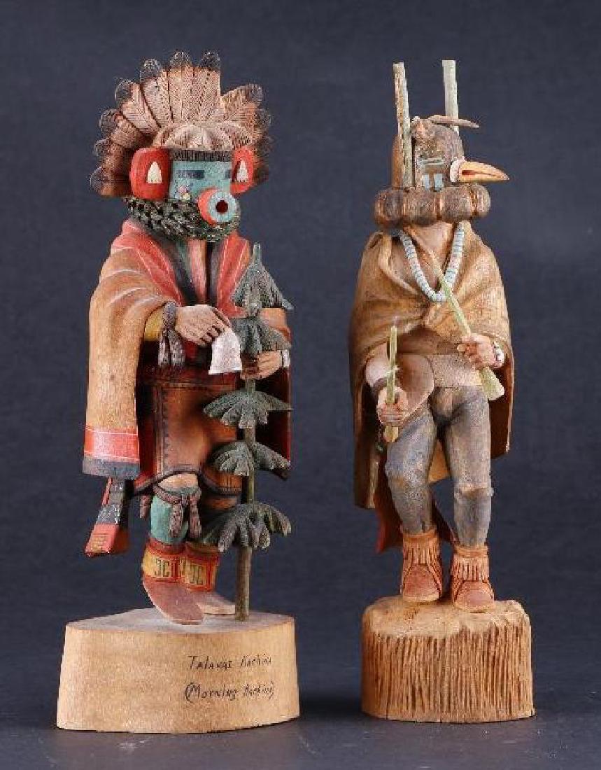 Two Hopi katsina dolls: Talavai (Morning) katsina, by William Koots, and a bird katsina. Both figures approximately 13 inches in height 
