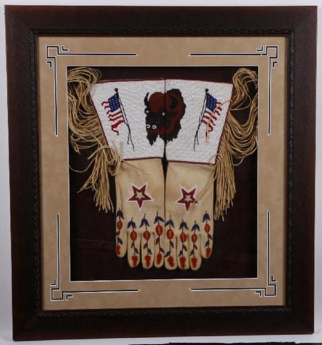 Plateau pictorial beaded gauntlets: Length of gloves: 18 inches Frame: 31 1/2 x 29 inches