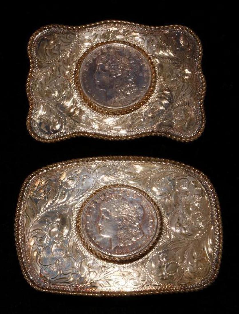 SOUTHWEST SILVER BELT BUCKLES: Two Vintage pawn Southwest Silver Belt Buckles both with 1921 US dollar