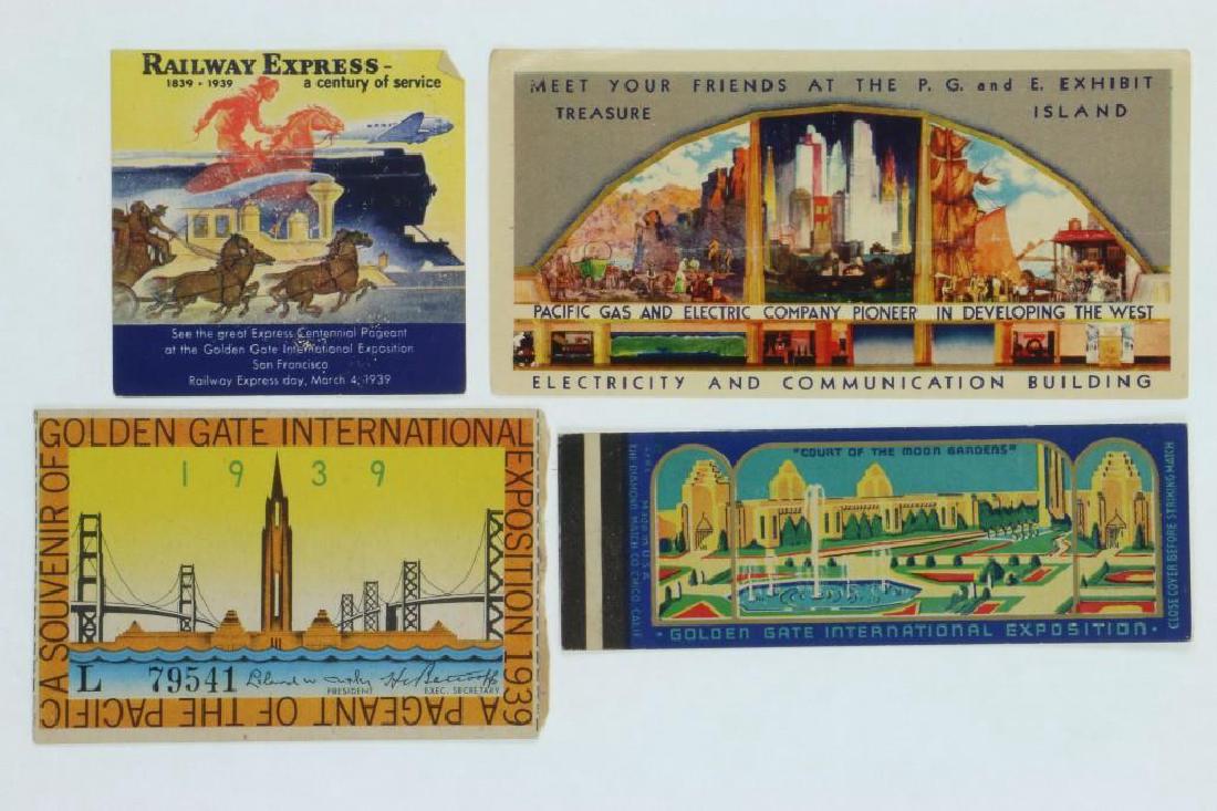 1939 GOLDEN GATE INTERNATIONAL EXPOSITION TICKET ALONG: Wtih 2 advertisements and 1 matchbook cover