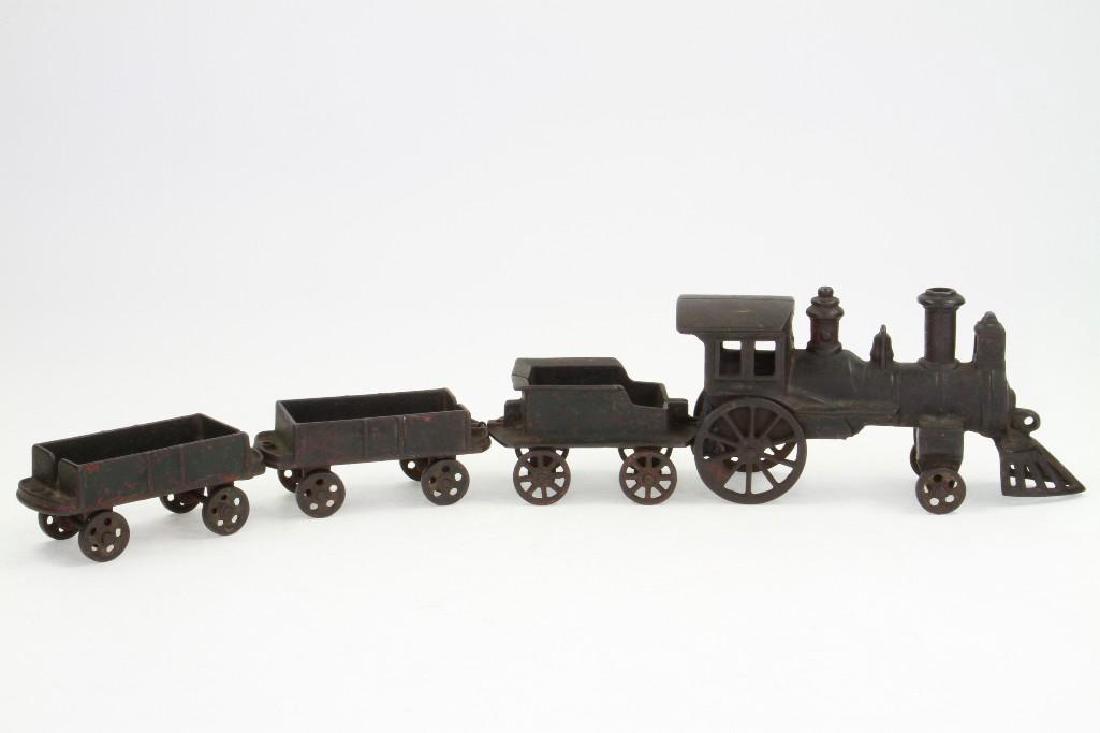 Cast Iron Steam Locomotive Freight Set: Unknown Maker; Includes Engine, Tender and (2) Gondola Cars, 90% Green Paint Loss, Minor Repair to Loco Cab Frame; Good Condition, Set is 22"L