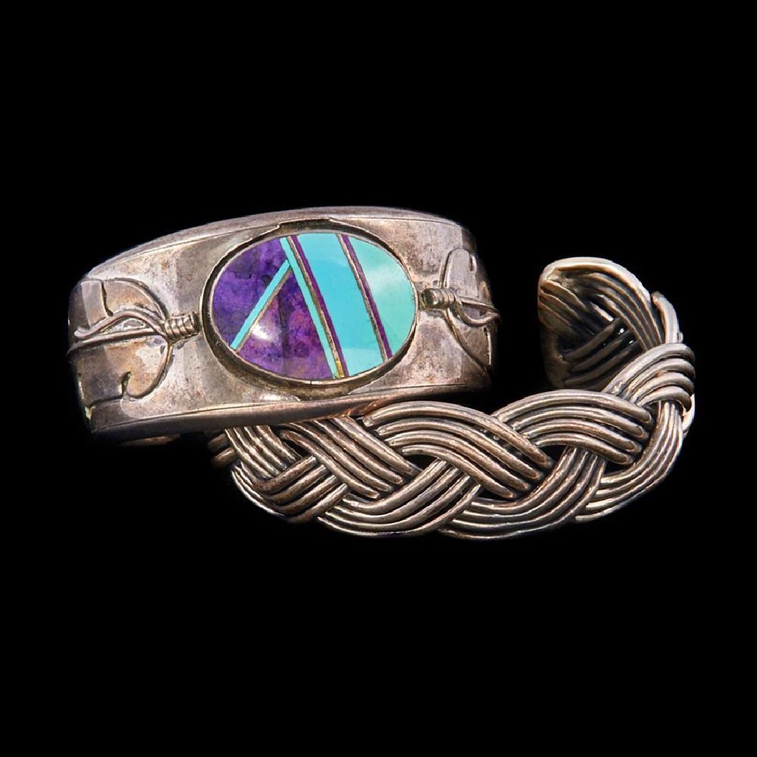 SOUTHWEST NATIVE AMERICAN CUFF BRACELETS: Two Old Pawn Southwest sterling / .925 silver turquoise and inlay cuff bracele