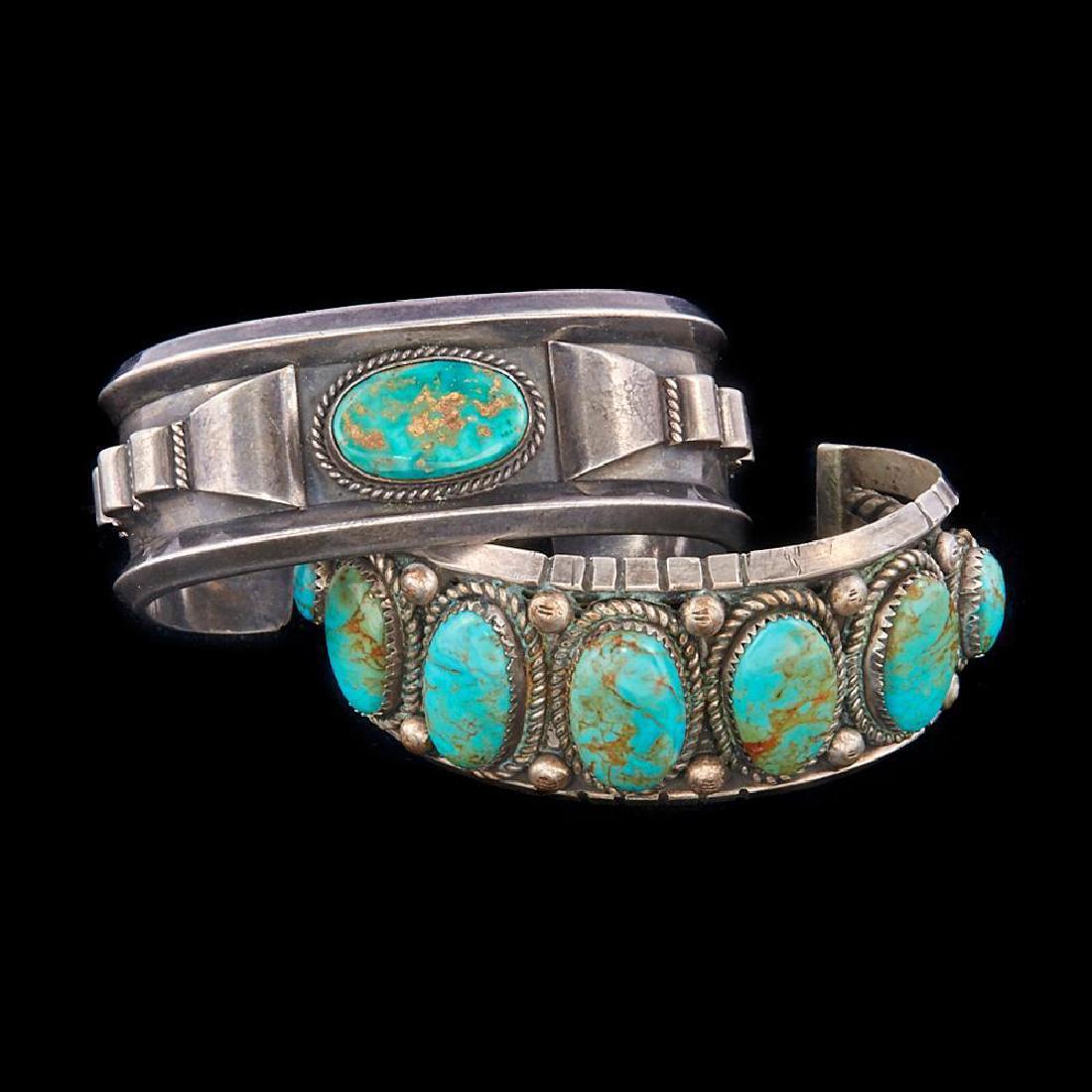 SOUTHWEST NATIVE AMERICAN CUFF BRACELETS: Two Old Pawn Southwest turquoise and silver Native American cuff
