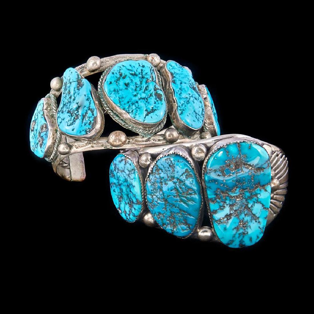 SOUTHWEST NATIVE AMERICAN CUFF BRACELETS: Two Old Pawn Southwest turquoise sterling silver Native American cuff