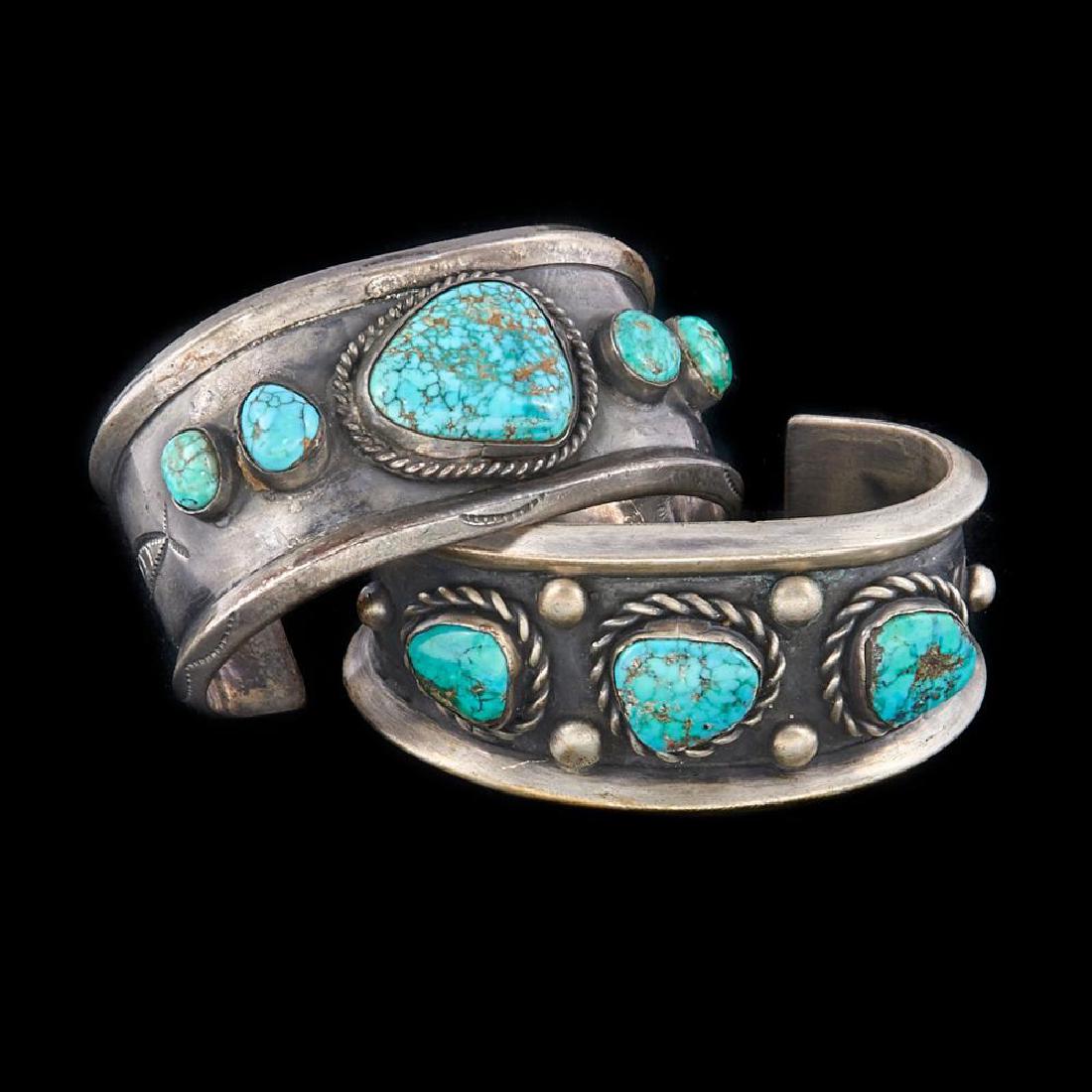 SOUTHWEST NATIVE AMERICAN CUFF BRACELETS: Two Old Pawn Southwest turquoise and silver Native American cuff