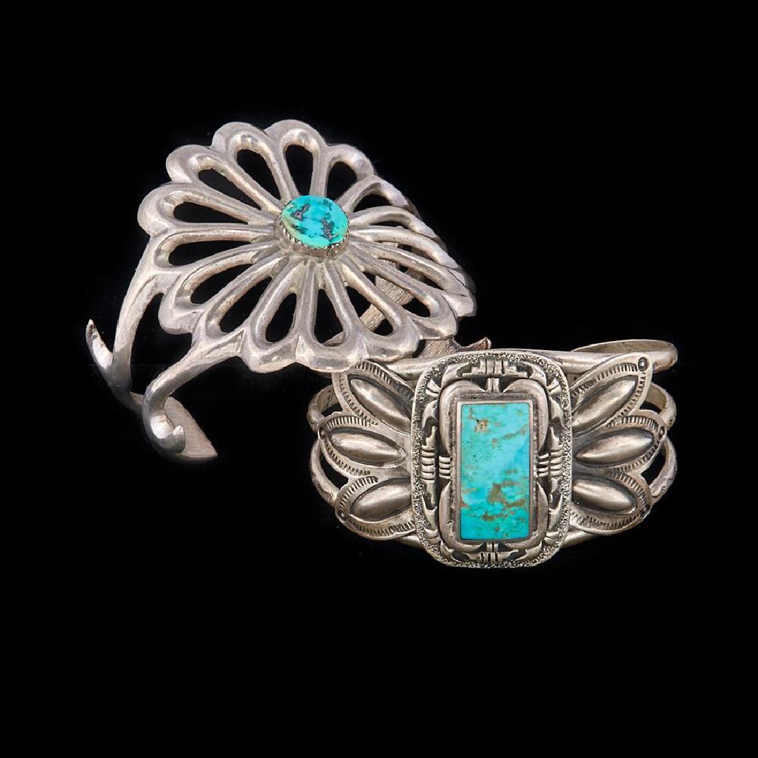 SOUTHWEST NATIVE AMERICAN CUFF BRACELETS: Two Old Pawn Southwest turquoise and sterling silver Native American cuff