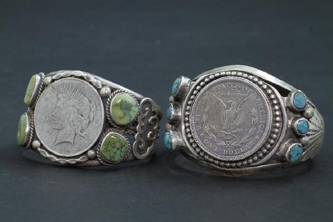 SOUTHWEST NATIVE AMERICAN CUFF BRACELETS: Two Old Pawn Southwest turquoise and silver Native American coin cuff