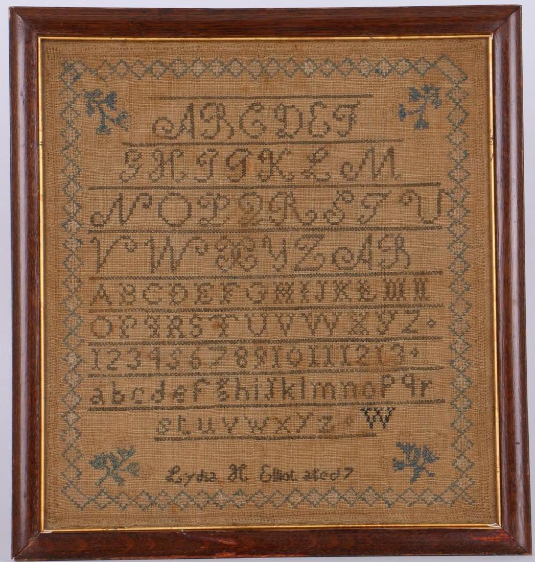 ALPHABET & NUMERAL SAMPLER: LYDIA H. ELLIOT AGED 7: EARLY 19TH CENTURY, FRAMED DIMENSIONS 15 X 14 INCHES.
