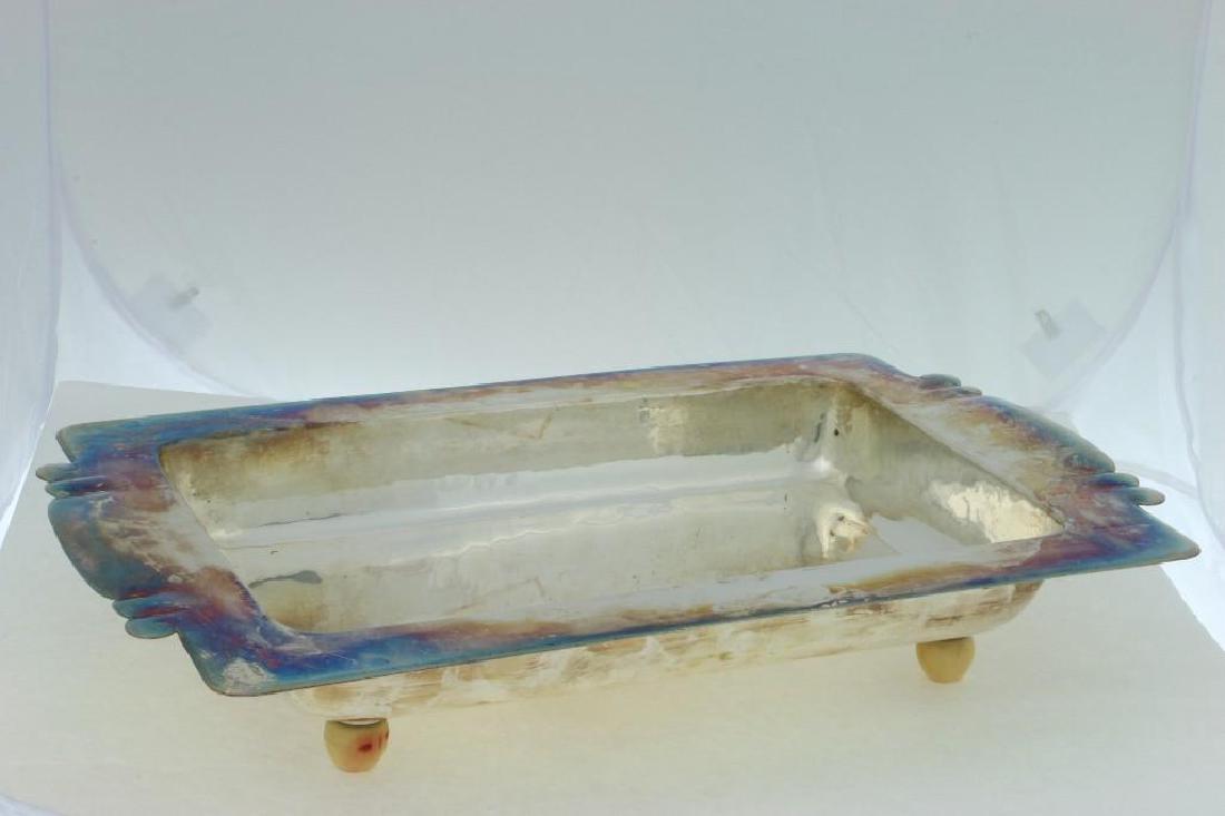 DIRK VAN ERP SILVER-PLATED SERVING DISH: Dirk van Erp hammered copper, silver-plated dish with repousse handles. Open-Box Stamp, SF 17 1/4 x 11 x 3 inches 