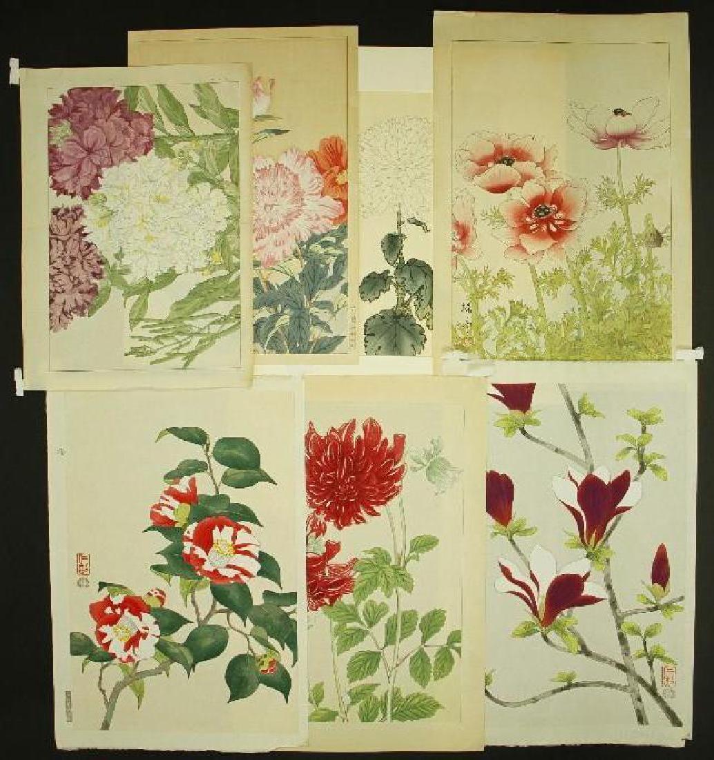 JAPANESE WOODBLOCK PRINTS: Japanese Woodblock Print Top Left=#3 from unidentified artist, notation on right, reads Sutofu? Second from left on top=Nishimura Hodo, f.c. 1930 v g impression, good color, toned Second from right