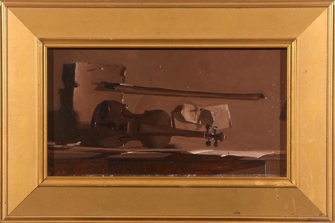 Jacob Collins (born 1964): Artist: Jacob Collins Title: Violin Still Life Grisaille Signature: Signed bottom left Size: Artwork: 9 x 17 Frame: 15 1/2 x 23 Created: 1997 Medium: Oil on panel