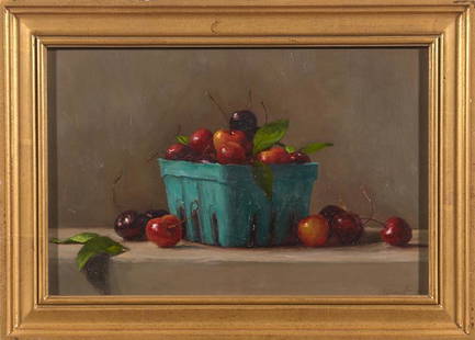 Sarah Lamb (born 1971): Artist: Sarah Lamb Title: Cherries Signature: Signed bottom right Size: Artwork: 9 x 14 Frame: 11 3/4 x 16 1/4 Created: 1999 Medium: Oil on panel