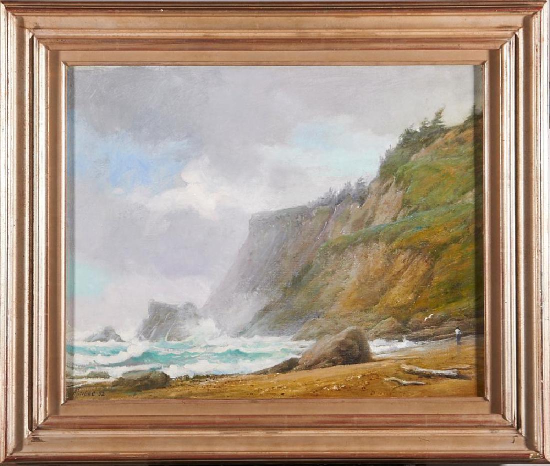 Robert Maione (1932-1987): Artist: Robert Maione Title: Oregon Beach Signature: Signed bottom left Size: Artwork: 16 x 20 Frame: 21 1/2 x 25 1/2 Created: 1982 Medium: Oil on canvas