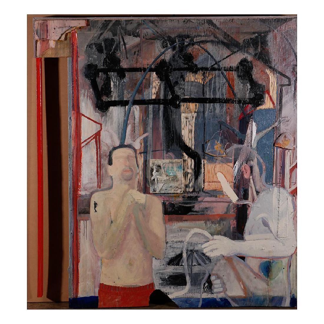 Gary Viviano (20th/21st century): Artist: Gary Viviano Title: Playing in Strengths Signature: Signed bottom right Size: Artwork: 51 x 46 1/2 Frame: 51 1/2 x 47 Created: 1995 Medium: Mixed media on wood