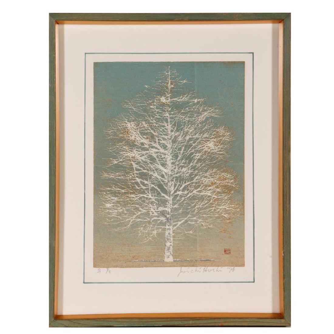Japanese woodblock, JOICHI HOSHI: "TREE IN WINTER" BY JOICHI HOSHI Artwork: 9 1/2 x 7 inches Frame: 14 1/2 x 11 1/4 inches