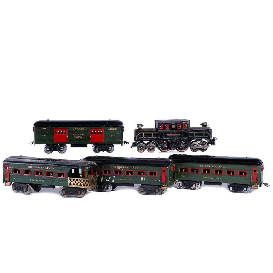 Dorfan Std Gauge #3932 Loco with 4-Car Passenger Set: Scarce original Dorfan standard gauge #3932 loco with 4-car passenger set. Locomotive is well crazed but holding together, one break at driver axle. Two cars are in nice conditon, the other two have s