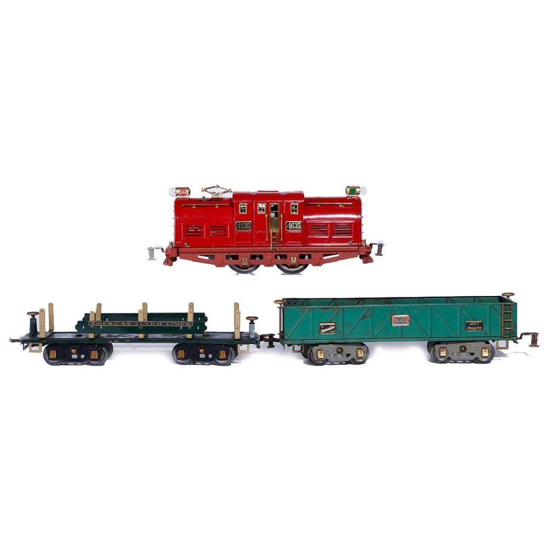 American Flyer Standard Gauge 4635 Locomotive, 2 Freigh: American Flyer standard gauge 4635 locomotive, restored, plus restored lumber car with no load and original gondola. Locomotive is C7, gondola is C5 and lumber car is C6.