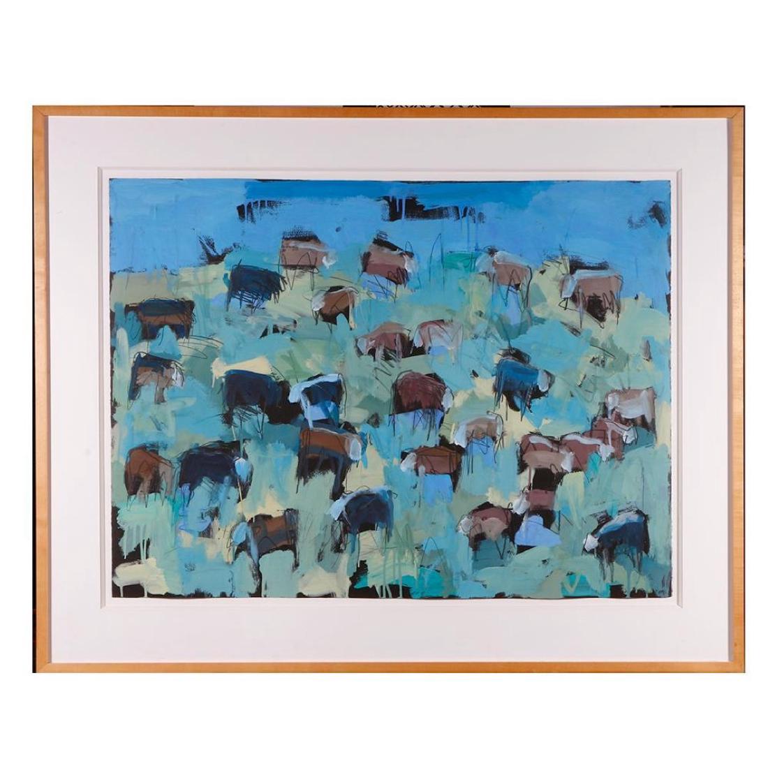 THEODORE WADDELL (born 1941): Artist: Theodore Waddell Title: July Herefords Drawings # 2 Signature: Information on back Artwork: 30 x 40 inches Frame: 40 3/4 x 50 1/4 inches Medium: Oil on paper