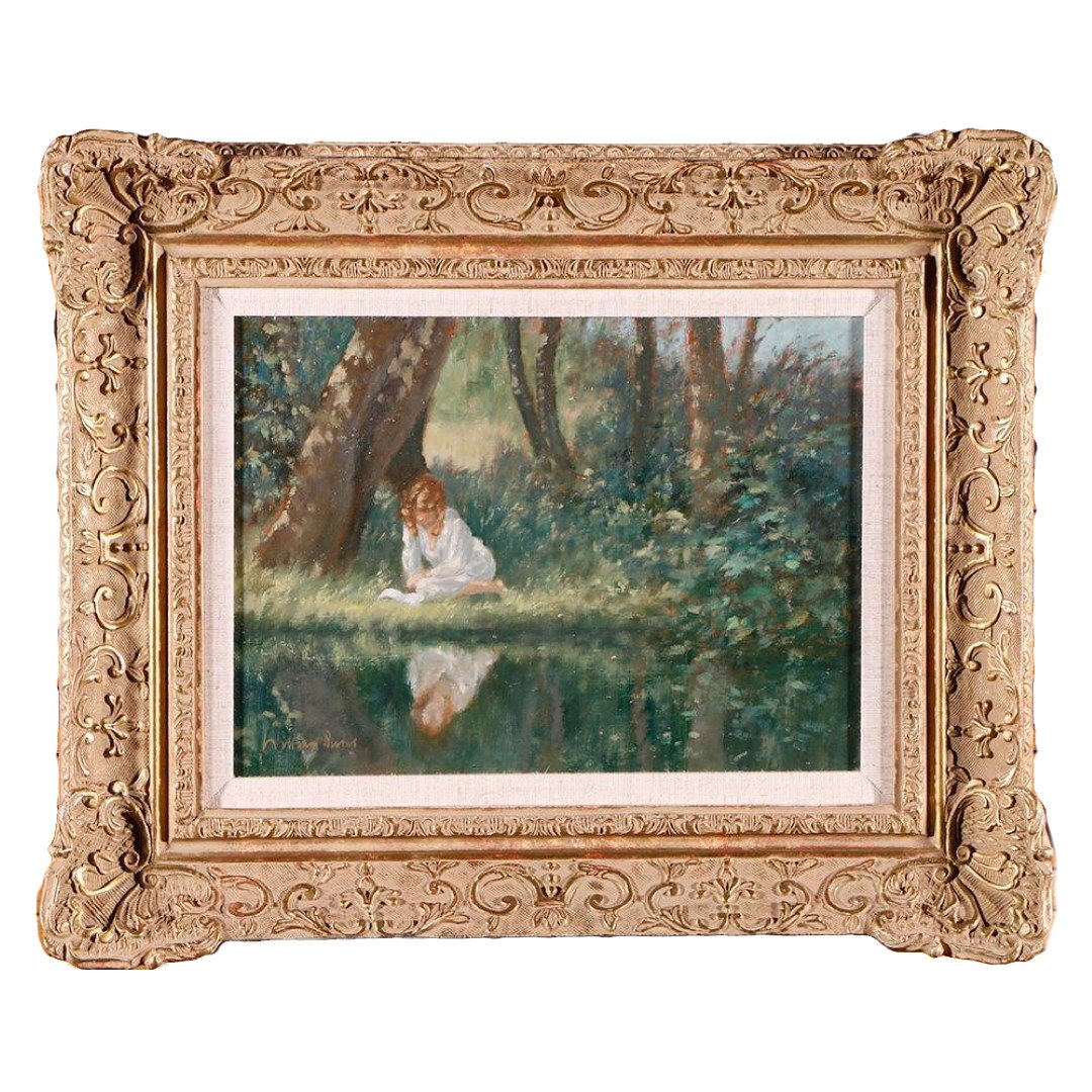 William Burns (20th Century): Artist: William Burns Title: Reflections Signature: Lower left margin Artwork: 9 1/4 x 12 3/4 inches Frame: 16 1/2 x 20 inches Medium: Oil on canvas