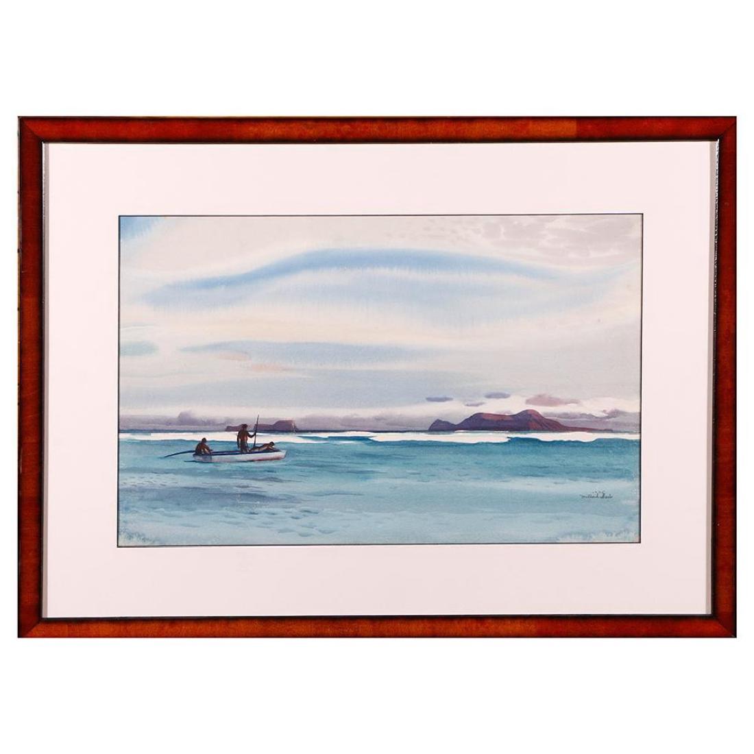 Millard Sheets (1907-1989): Artist: Millard Sheets Title: Spear Fishing Hawaii Signature: Left side margin Artwork: 22 X 14 inches Frame: 22 1/2 X 30 1/2 inches Created: 1935 Medium: Watercolor on paper