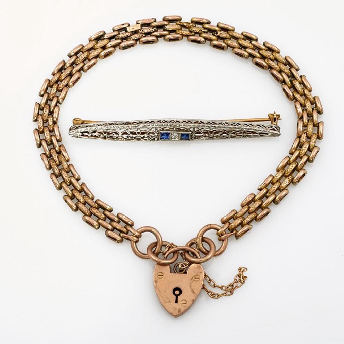 14k white/yellow gold brooch; English 9k gold bracelet (1 of 2)