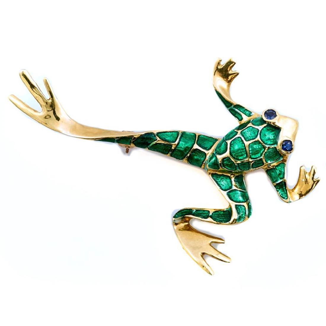 Enamel, sapphire and 14k gold frog brooch (1 of 2)