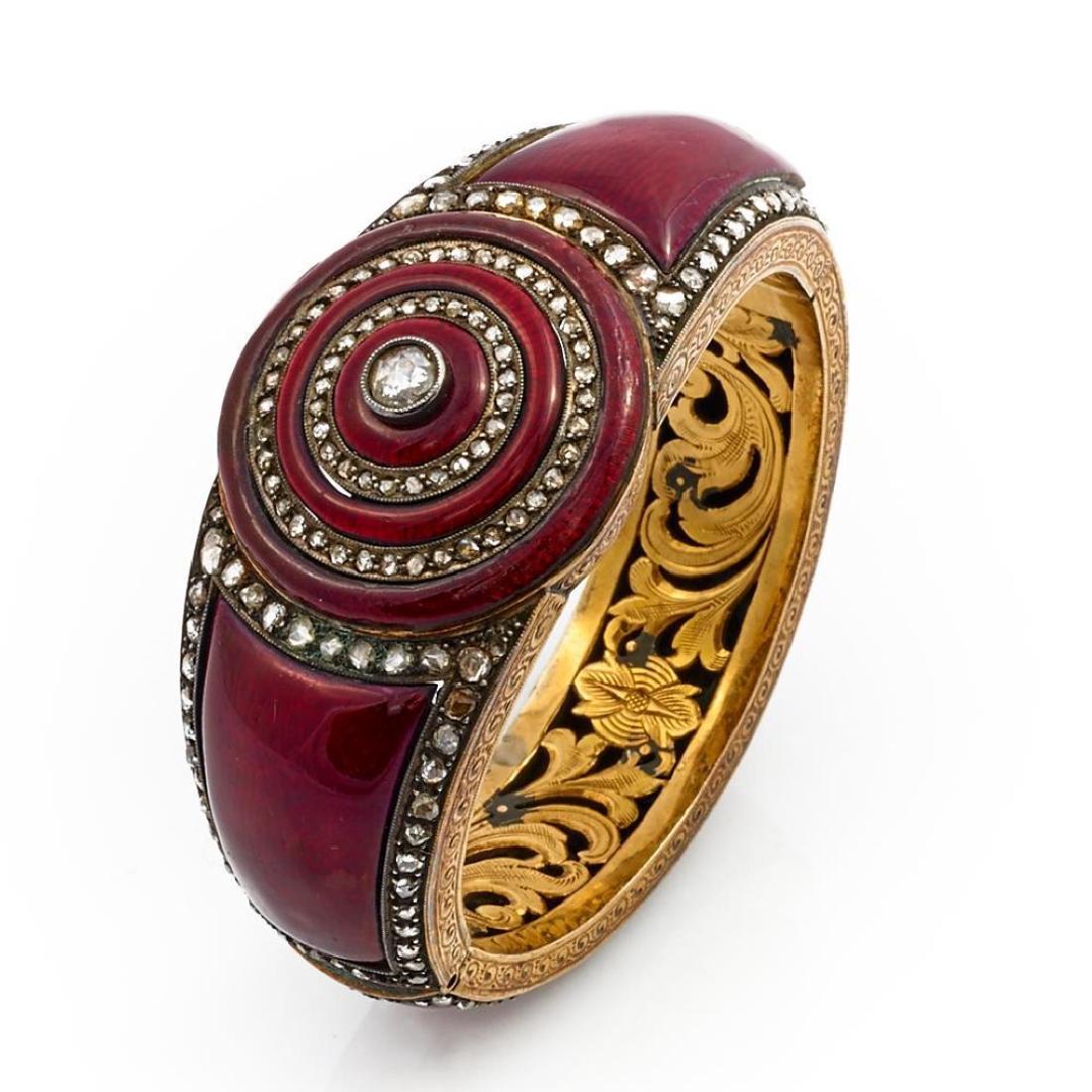 Rose-cut diamond, enamel & gilt silver bangle bracelet (1 of 3)