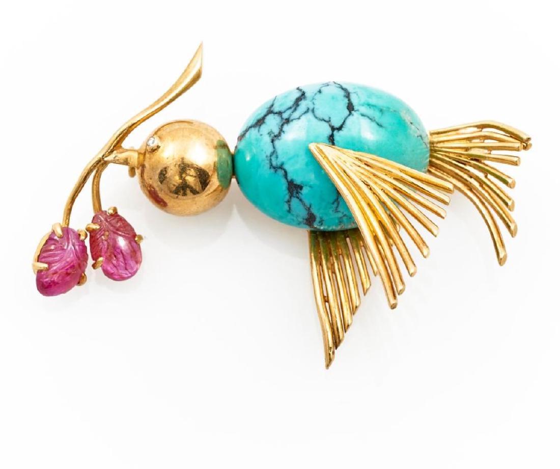 Turquoise, ruby, diamond and 18k gold bird brooch (1 of 2)