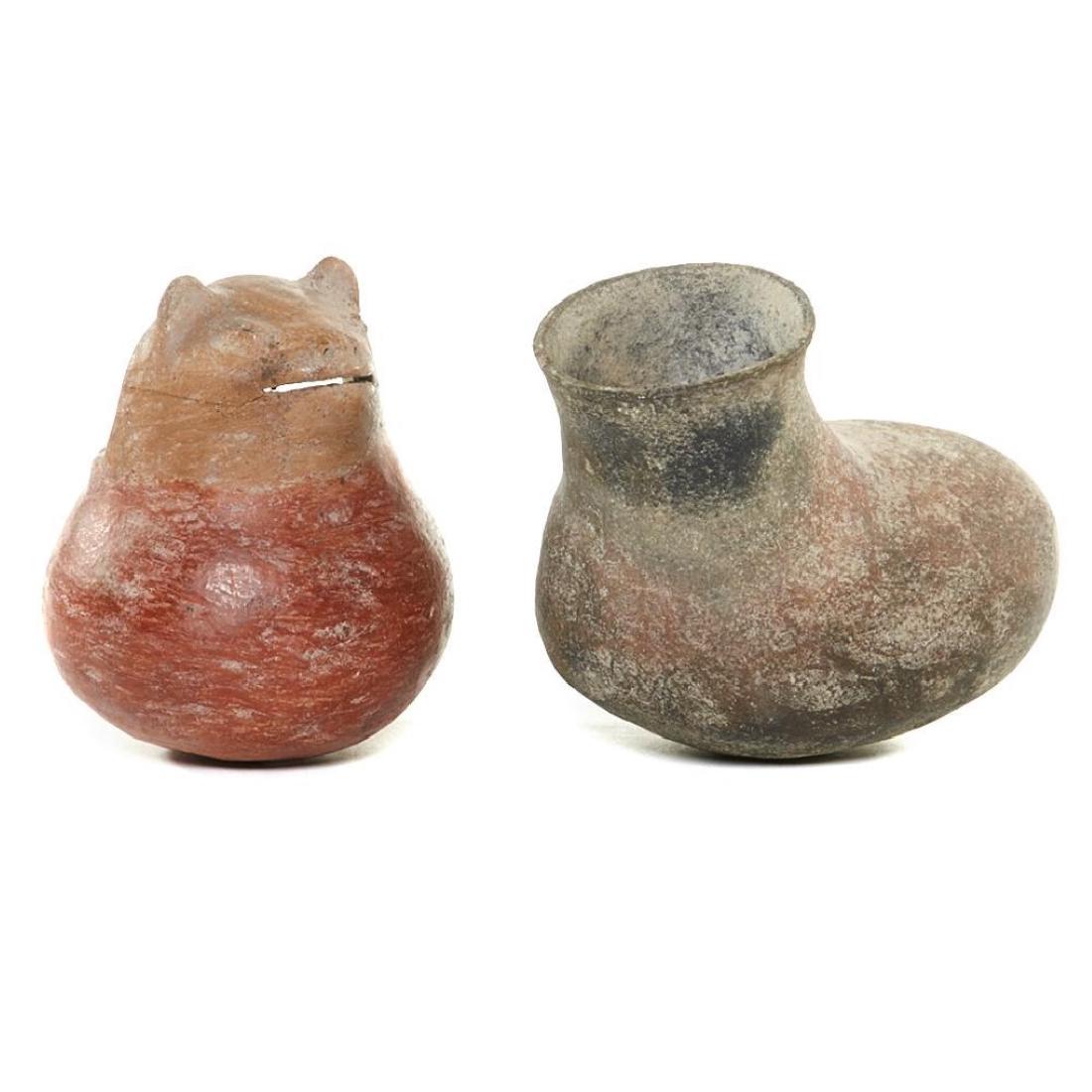 TWO ANCIENT SOUTHWEST POTTERY JARS: Including a Casas Grandes badger effigy example; and an oblong vessel of uncertain provenance, both intact. Height of first 6 inches, length of second 7 1/2 inches