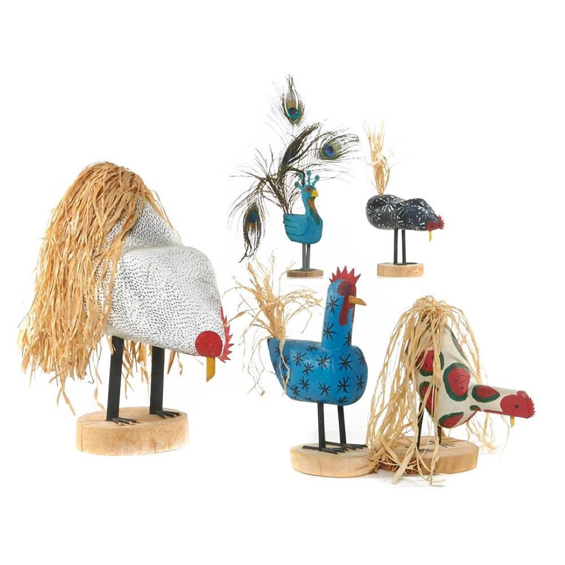 FIVE NAVAJO FOLK ART WOOD BIRD SCULPTURES: Including work by Edith John (2), Lulu Herbert, Darene Herbert, and M Jim. Height (not including feathers)17 - 6 1/4 inches