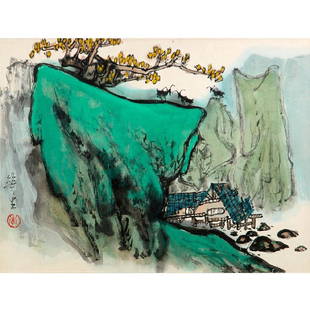 Li Huasheng (1912-2000): Li Huasheng (1912-2000) Landscape with Rock, Trees and Goats, ink and color on paper, framed and glazed 12 ½ x 16 ½ inches, sight Provenance: Acquired, 1996 Â