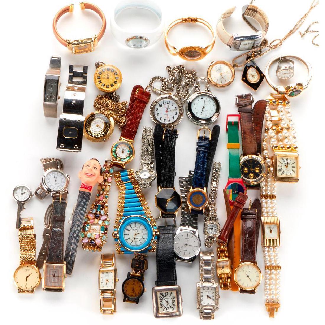 Collection of 120+ wristwatches: including Swatch, Seiko, Citizen, Gruen, Fossil, Pierre Cardin, and 10 novelty watches Buyer pays shipping cost. (PLEASE GET A QUOTE ON THIS LOT.) For this auction, shipping is being provided by World