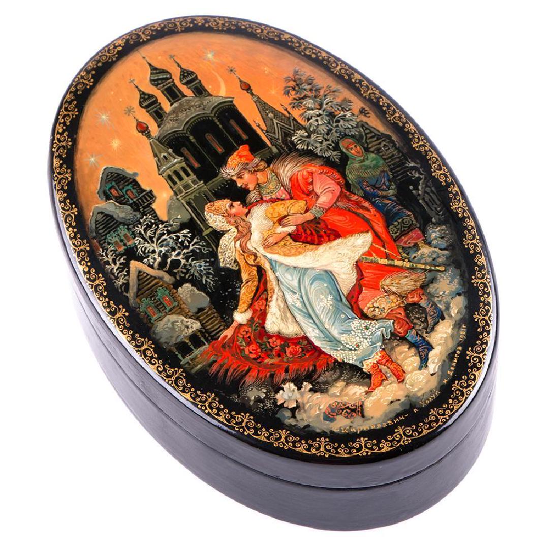 Russian Lacquer: Russian lacquer. "... I tore myself from his grasp..." Artist: Denisov,1981. Size: 5 1/2" x 3 3/4" x 1 1/2". FEATURED IN: Maxym, Lucy, Russian Lacquer, Legends and Fairy Tales. ISBN 0-940202-01-8 (v.2