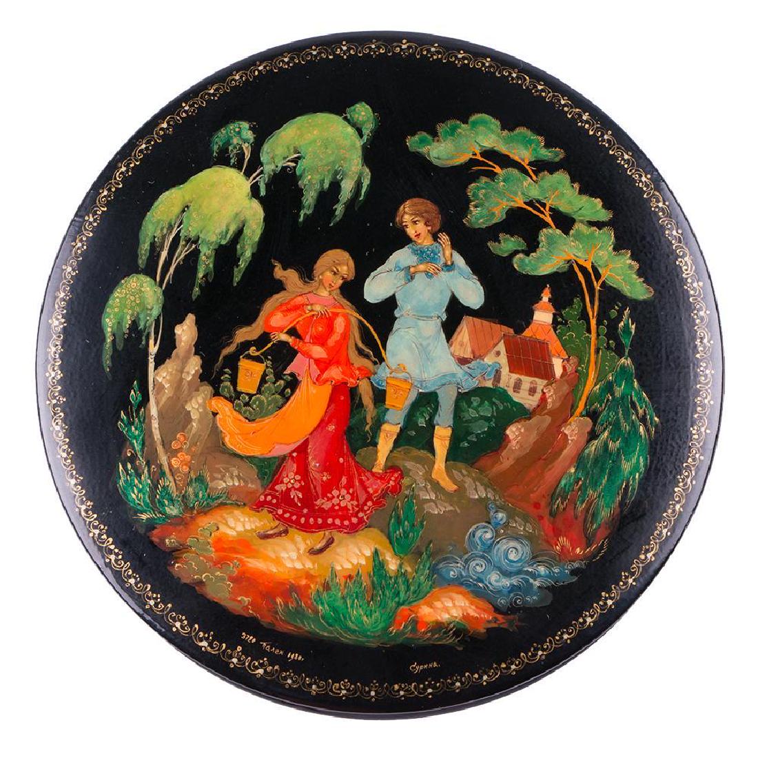 Russian Lacquer: Russian lacquer. "Meeting on the way to the well". Artist: Surina,1980. Diameter: 4 inches, Height: 1 inch. FEATURED IN: Maxym, Lucy, Russian Lacquer, Legends and Fairy Tales. ISBN 0-94020202-03-4, pa