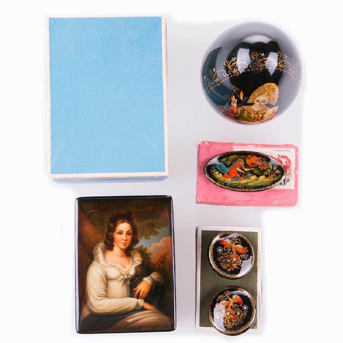 Russian Lacquer Items: A group of Russian lacquer items. The Lucy Maxym Collection of Russian Lacquer. Largest example size: 3 1/2 x 2 3/4 x 2 inches.