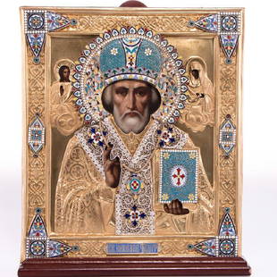 Russian Icon: An19th-century Russian icon with elaborate enameled riza. "St. Nicolas The Miracle Worker". Size: 12 1/4 x 10 3/4 inches. The Lucy Maxym Collection of Russian Lacquer andArt.